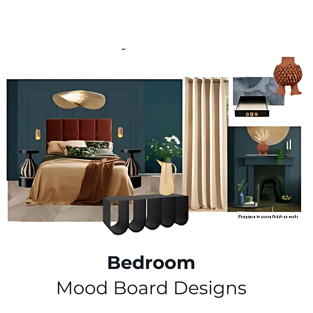 Luxury bedroom mood board featuring deep blue walls, a plush upholstered headboard, warm-toned bedding, and modern lighting.