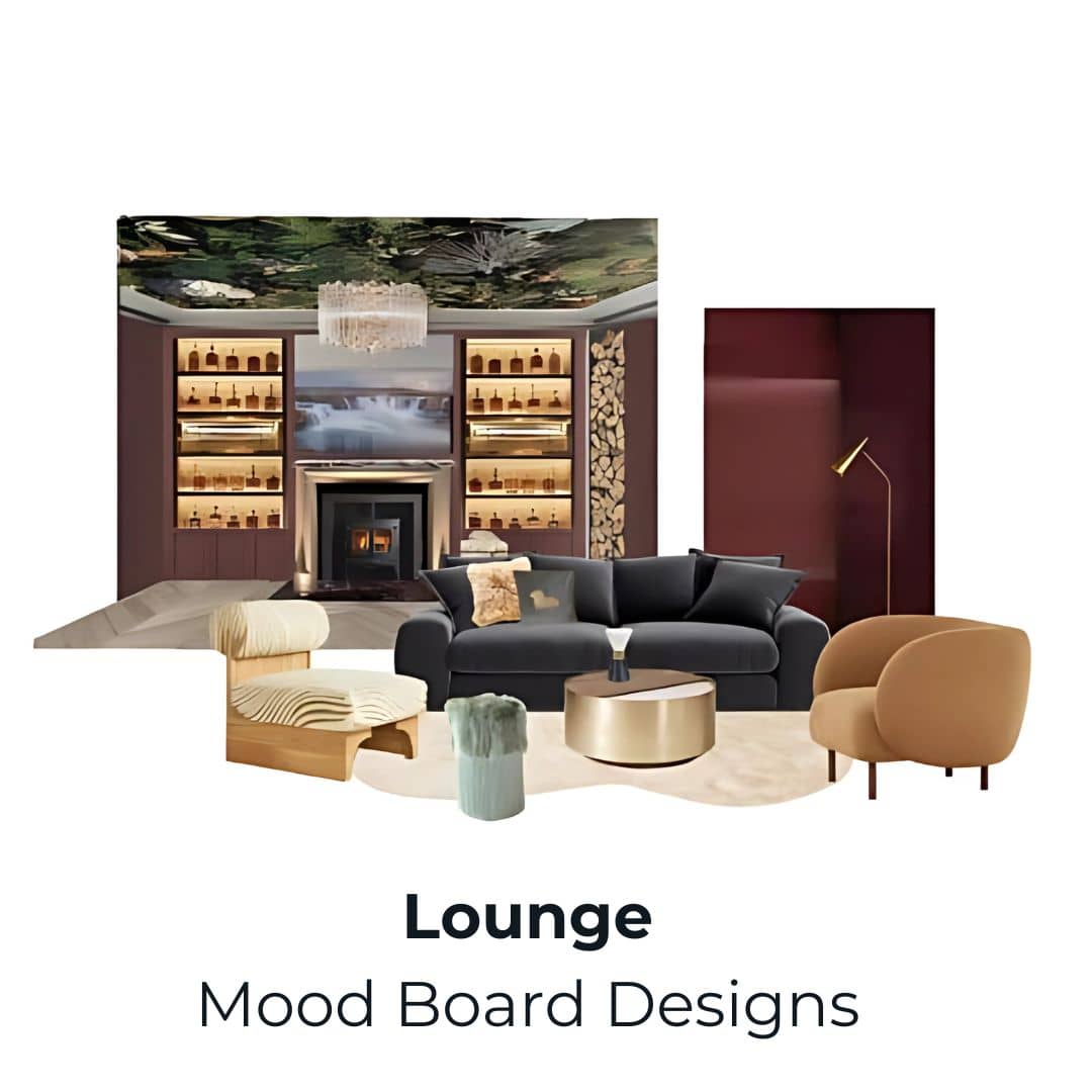 Luxury lounge mood board design featuring a modern fireplace, dark-toned furniture, gold accents, and a nature-inspired ceiling mural.
