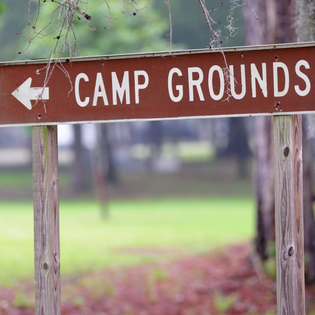 A rustic campgrounds sign in a wooded area, directing festival-goers to the Together Again Festival 2025 camping area at Bolesworth Castle, Cheshire. The perfect setting for a weekend of music, adventure, and outdoor fun.