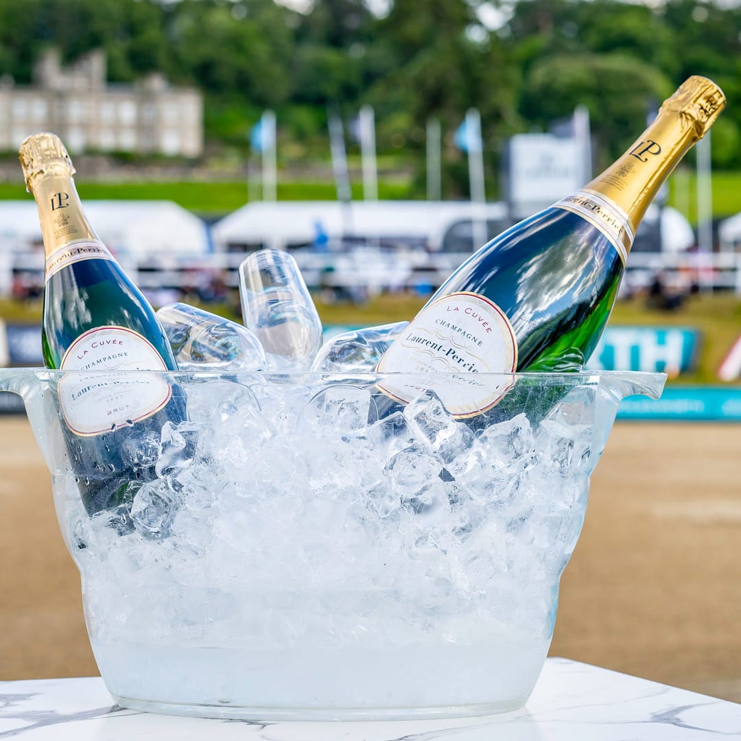 A champagne bucket filled with ice and two bottles, with an arena in the background.