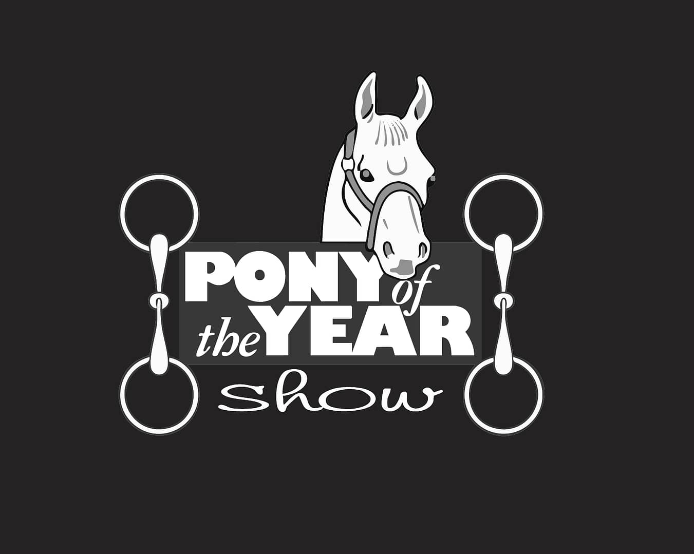 Pony of the Year Show logo featuring a stylized horse illustration, snaffle bits, and bold typography on a black background.