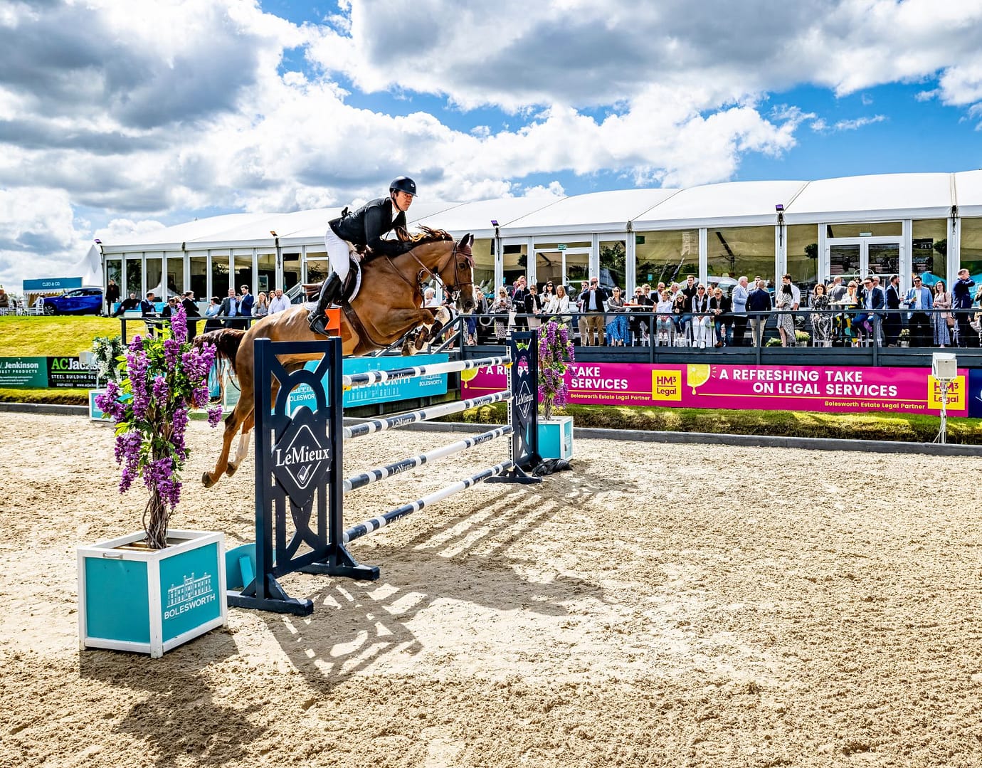 Equestrian rider on a horse jumping over an obstacle in an arena, with a crowd watching from a marquee.