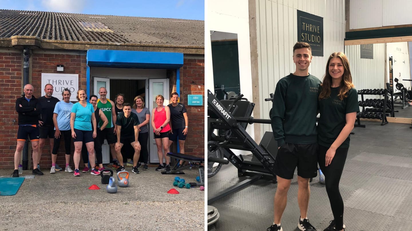 Group fitness training outside Thrive Studio and gym trainers inside the facility.