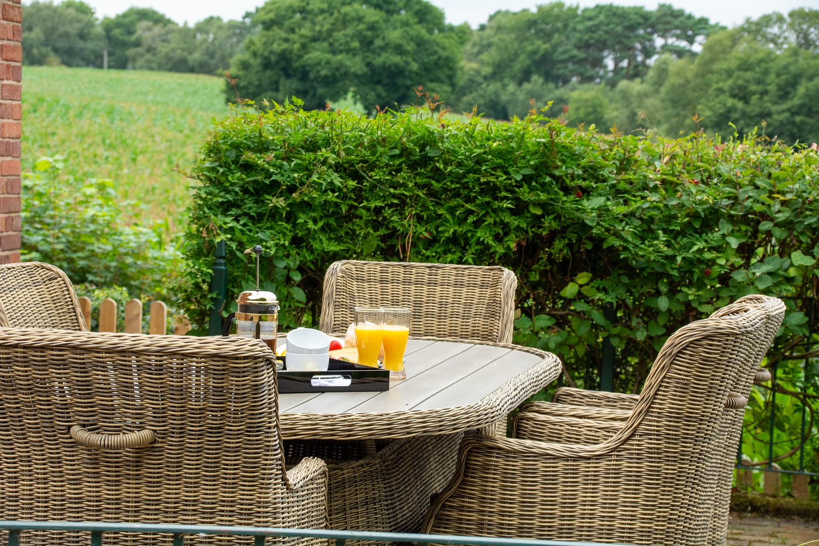 Rattan garden furniture of a Table and chairs with fresh orange with a hedge, tree and open fields behind