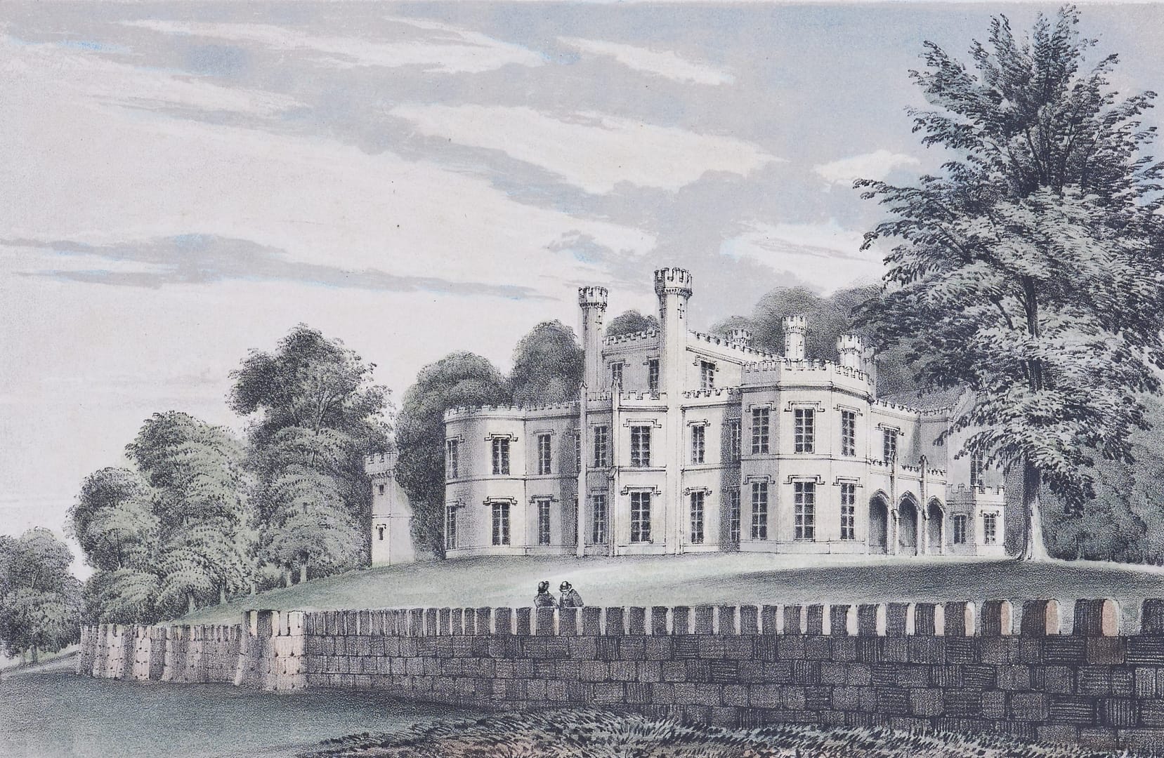 A detailed 1856 illustration of Bolesworth Castle, showcasing its neo-Gothic architectural design with turrets, arched windows, and a surrounding stone wall. The finely sketched landscape features mature trees and a classical countryside setting, highlighting the grandeur of the historic estate in the mid-19th century.