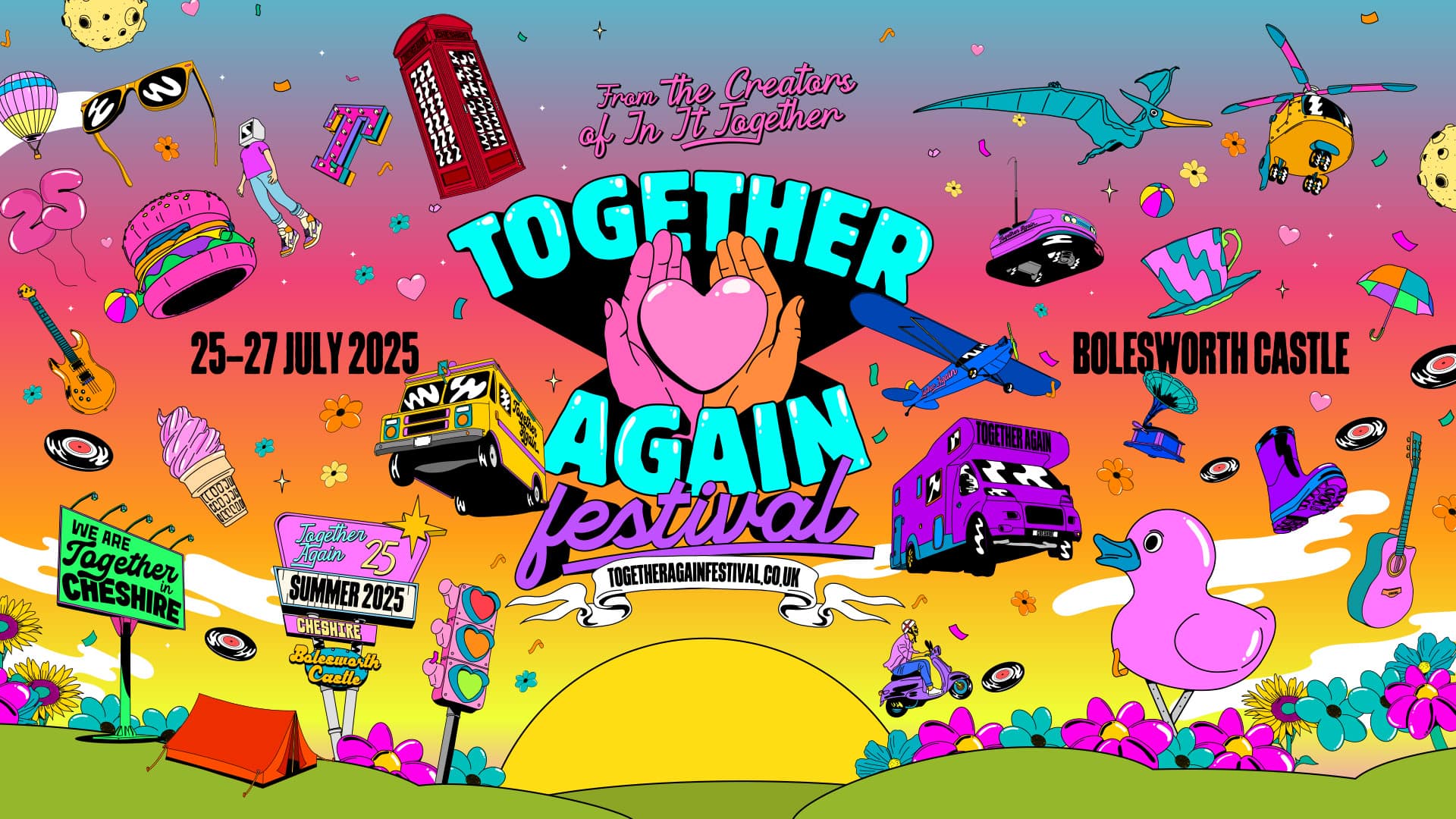 Vibrant Together Again Festival 2025 poster featuring bold retro-inspired artwork with neon colors, festival icons, and Bolesworth Castle location details. The ultimate summer music festival happening 25th-27th July 2025 in Cheshire.