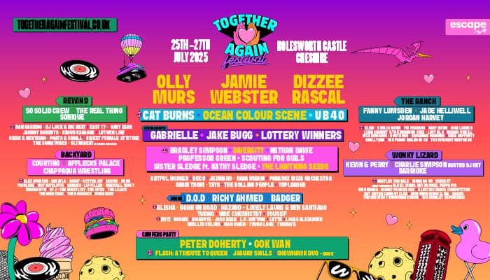 Bright and colourful Together Again Festival 2025 lineup poster featuring Olly Murs, Jamie Webster, Dizzee Rascal, UB40, Cat Burns, Ocean Colour Scene, and many more. Taking place at Bolesworth Castle, Cheshire, from 25th-27th July 2025.