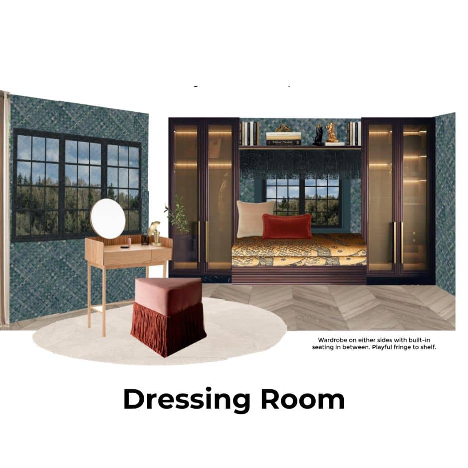 Concept design for a dressing room at Lion Gate Lodge holiday let, featuring built-in wardrobes, a cosy seating nook, and elegant decor.